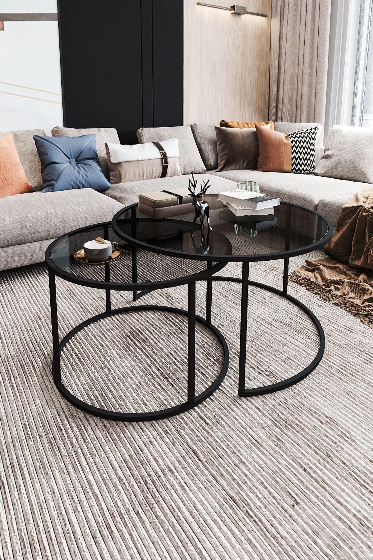 DEKOPRATİK Tokyo Coffee Table 60Cm 2 Sets of Round Smoked Glass